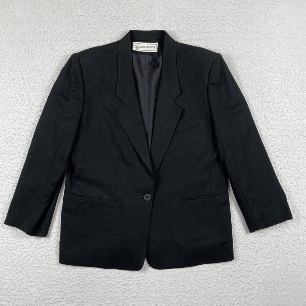 Evan-Picone Blazer Womens 14 Black 100% Worsted Wool Vintage Union Made in USA